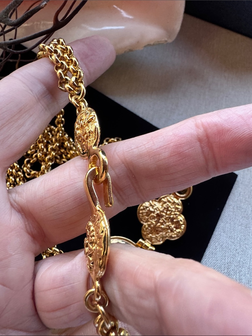 SOLD

Chanel Vintage Gold Plated Clover CC Double Chain Necklace Includes COA - Picture 6 of 9